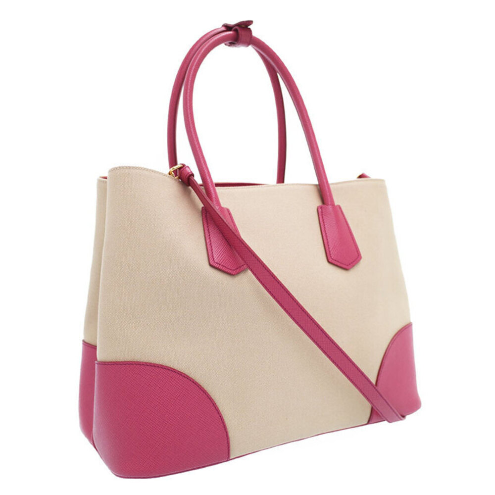 Prada Canapa Saffiano Double Satchel beige canvas body pink leather - Picture 2 of 5